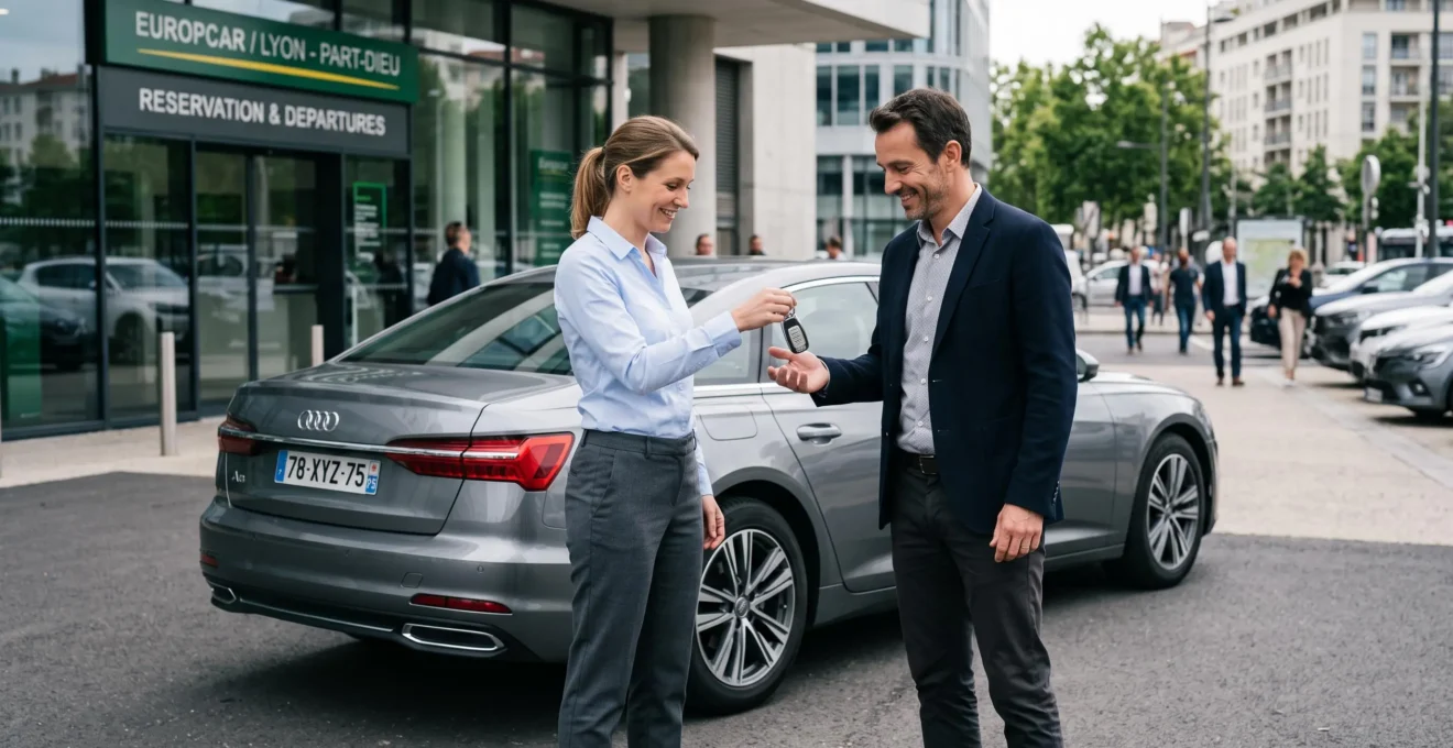 Conseillère d'agence de location remettant les clés d'une berline premium grise à un client devant le véhicule de remplacement garé sur le parking de l'agence