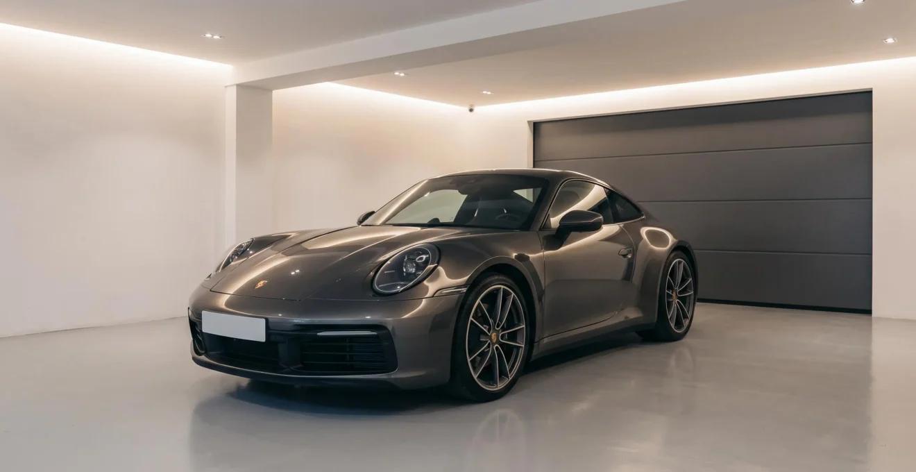 Coupé sport haut de gamme en carrosserie métallisée sombre stationné dans un garage privé moderne aux murs blancs avec éclairage LED indirect, prise de vue trois-quarts avant