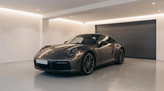 Coupé sport haut de gamme en carrosserie métallisée sombre stationné dans un garage privé moderne aux murs blancs avec éclairage LED indirect, prise de vue trois-quarts avant
