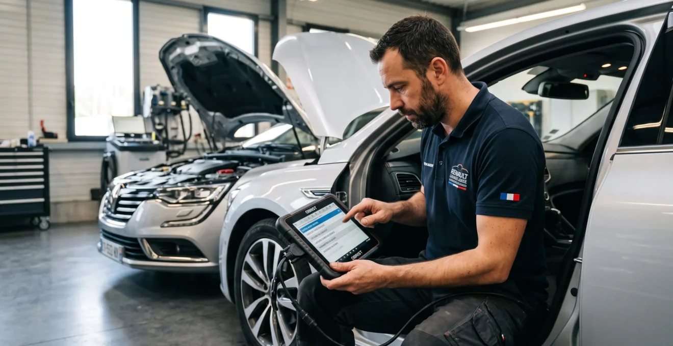 Technicien automobile en tenue professionnelle utilisant une valise de diagnostic électronique connectée à un véhicule premium dans un atelier agréé moderne