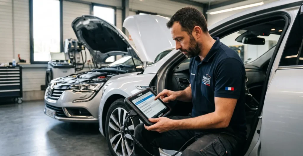 Technicien automobile en tenue professionnelle utilisant une valise de diagnostic électronique connectée à un véhicule premium dans un atelier agréé moderne